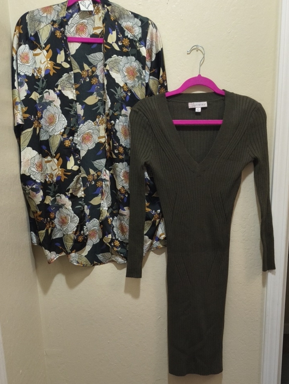 Olive Ribbed V-Neck Knit Dress And Floral Cardigan - Women